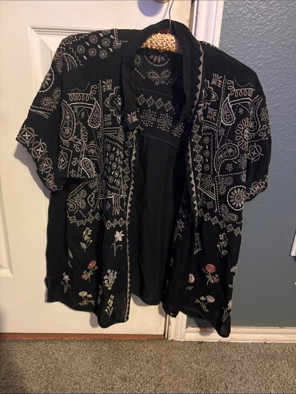 Johnny Was Black Embroidered Open-Front Kimono with Floral Accents